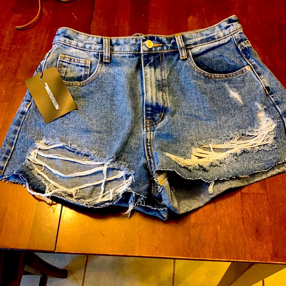 PLT mid blue wash distressed denim